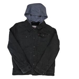Levi's Trucker Jacket Mens M Black Sherpa Fleece Lined Denim Hooded Outdoor